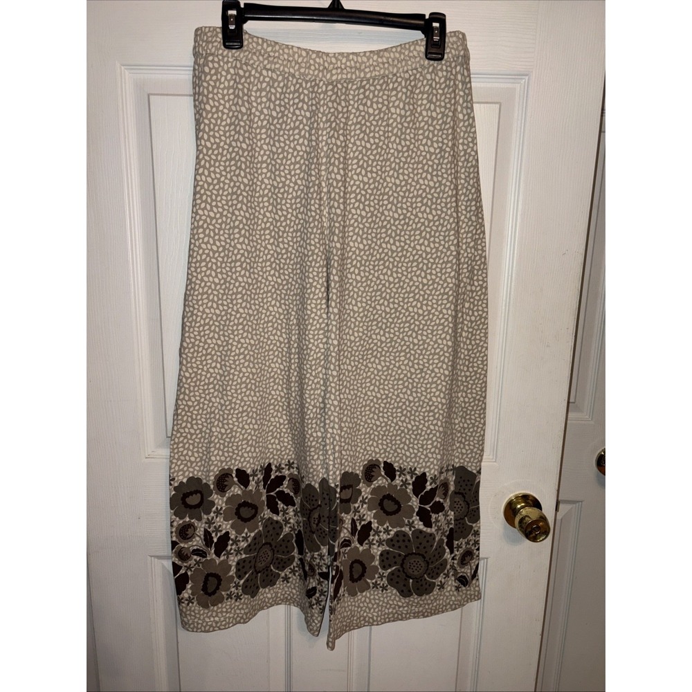 Gudrun Sjoden L Wide Leg Pants Knit Brown Floral Border Tan Cream Petal Dot Crop